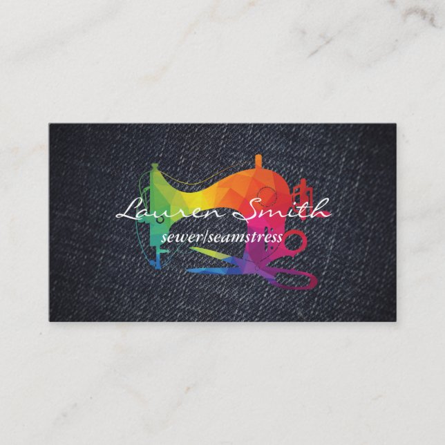 Colourful Sewing Machine Logo | Denim Business Card (Front)
