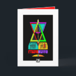 Colourful Shabbat Shalom Menorah In Magen David Card<br><div class="desc">Declaring Shabbat Shalom in English and Hebrew is this very-colourful menorah within a multi-hued Magen David.  Interior is bordered and coordinated for your writing pleasure.  ~ karyn</div>