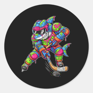 Colourful Shark Hockey Ice Cream Drip Player  Classic Round Sticker