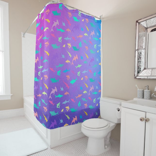 Colourful shark under the sea School Party Shower Curtain (In Situ)