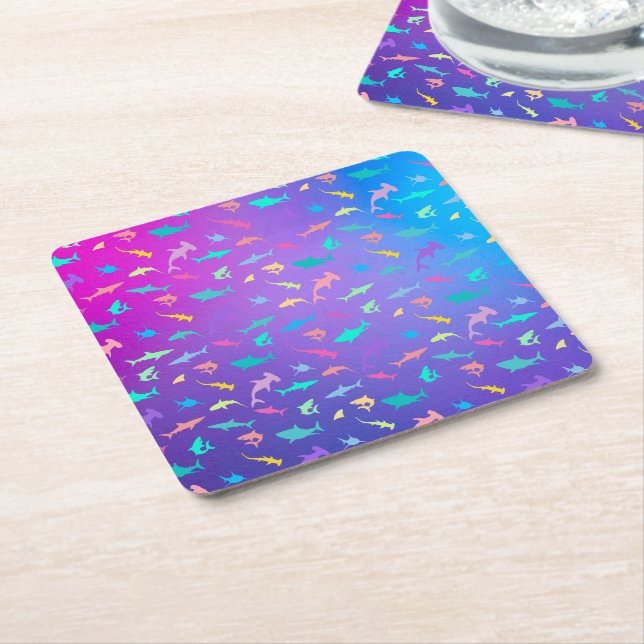 Colourful shark under the sea School Party Square Paper Coaster (Angled)