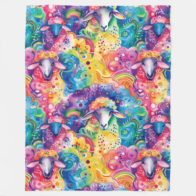 Colourful sheep pattern fleece blanket (Front)