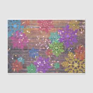 Colourful Shimmering Snowflakes On Lacy Barn Wood  Tissue Paper