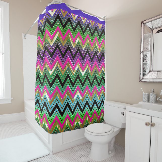 Colourful Shiny Chevron With Black Stripe Shower Curtain (In Situ)