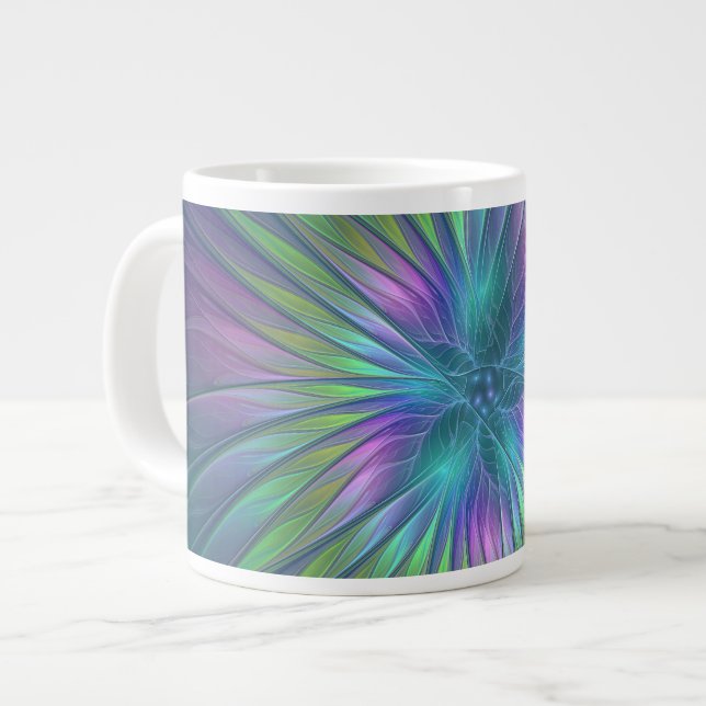 Colourful Shiny Fantasy Flower Abstract Fractal Ar Large Coffee Mug (Front Left)
