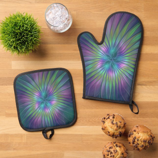 Colourful Shiny Fantasy Flower Abstract Fractal Ar Oven Mitt & Pot Holder Set (Top Down)