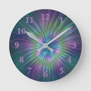Colourful Shiny Fantasy Flower Abstract Fractal Ar Round Clock