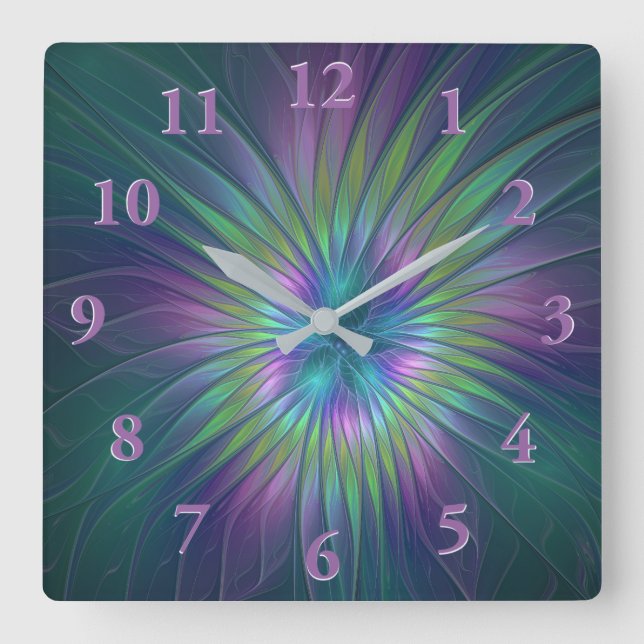 Colourful Shiny Fantasy Flower Abstract Fractal Ar Square Wall Clock (Front)