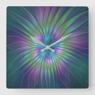 Colourful Shiny Fantasy Flower Abstract Fractal Ar Square Wall Clock