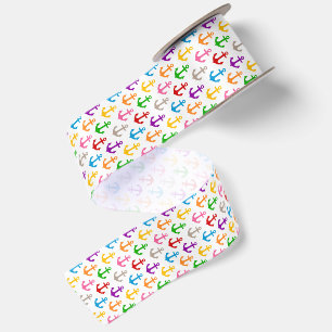 Colourful Ship Anchor Design White Satin Ribbon
