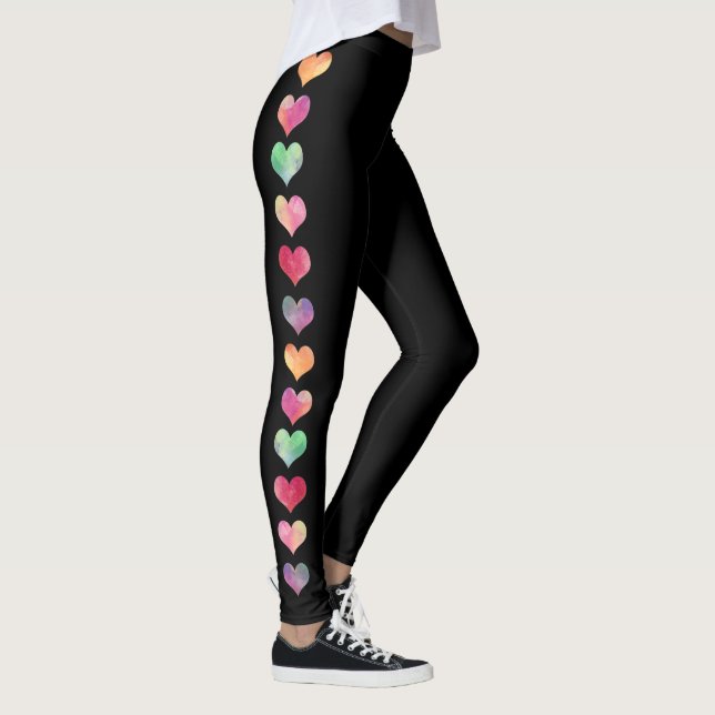 Colourful Side Stripe Watercolor Hearts Ladies Yog Leggings (Right)
