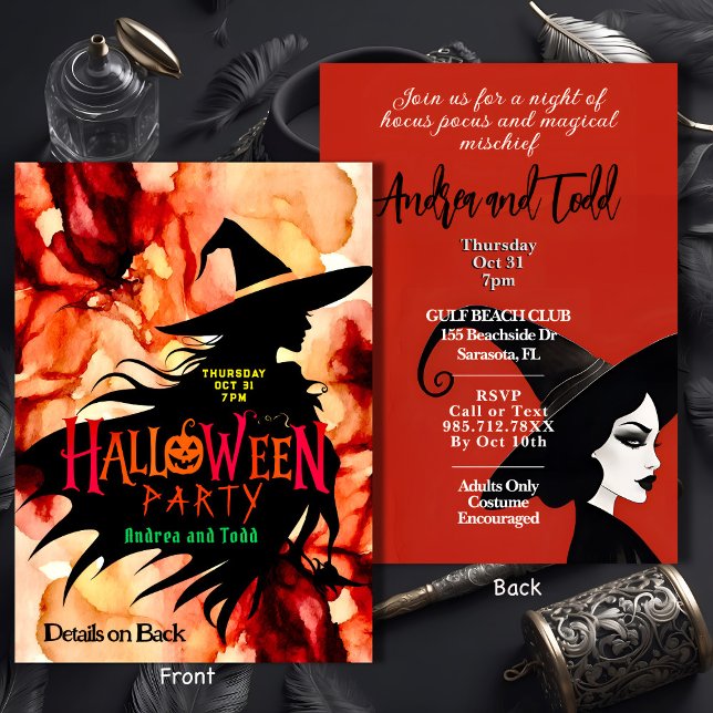 Colourful Silhouette witch watercolor Halloween Invitation (Front and Back)