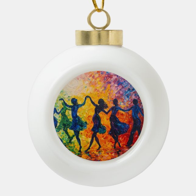 Colourful Silhouettes Dancing Ceramic Ball Christmas Ornament (Front)