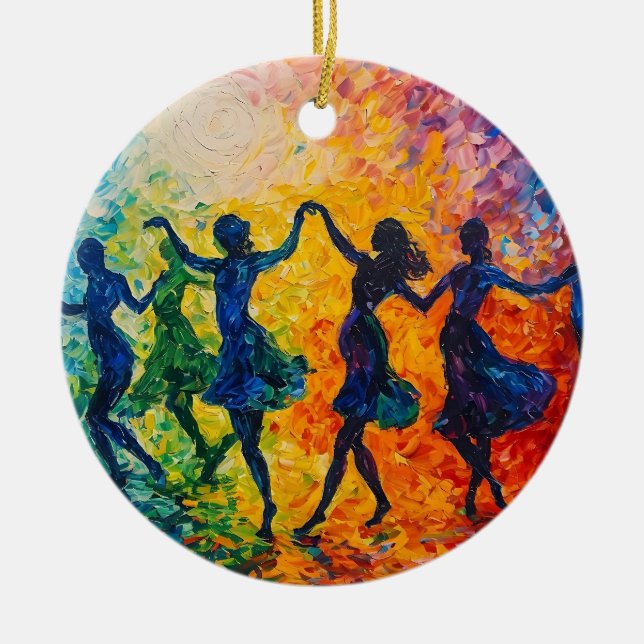 Colourful Silhouettes Dancing Ceramic Tree Decoration (Front)