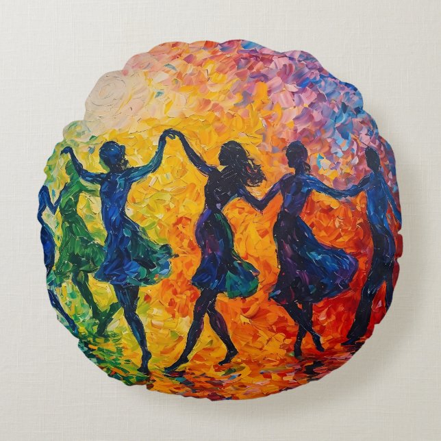 Colourful Silhouettes Dancing Round Cushion (Front)