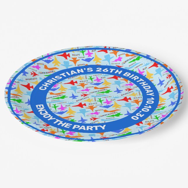 Colourful Silhouettes Of Military Aircrafts Patter Paper Plate (Angled)