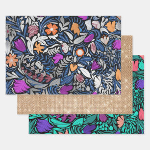 Colourful Silver Floral Leaf Illustration Pattern Wrapping Paper Sheet