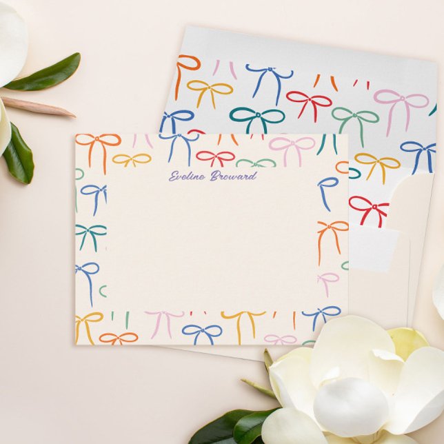 Colourful Simple Bows Personal Stationery Card (Cream and colorful simple bow pattern personal stationery flat note card and envelope)