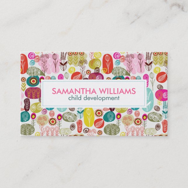Colourful Simple Hand Drawn Cute Flowers Pattern Business Card (Front)