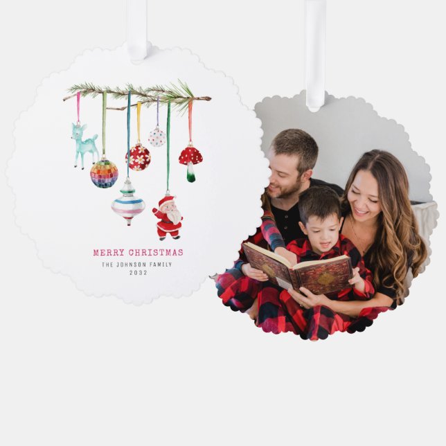Colourful Simple Merry Christmas Family Photo Tree Decoration Card (Front/Back)