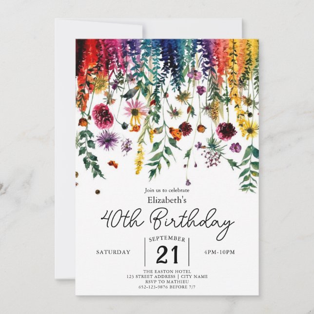 Colourful Simple Wildflowers 40th birthday Invitation (Front)