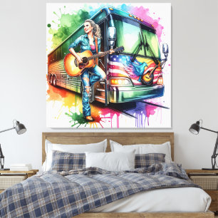 Colourful Singer With Guitar and Tour Bus Custom Canvas Print
