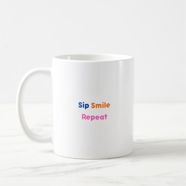 Colourful "Sip, Smile, Repeat" Cute Smiley Typogra Coffee Mug (Left)