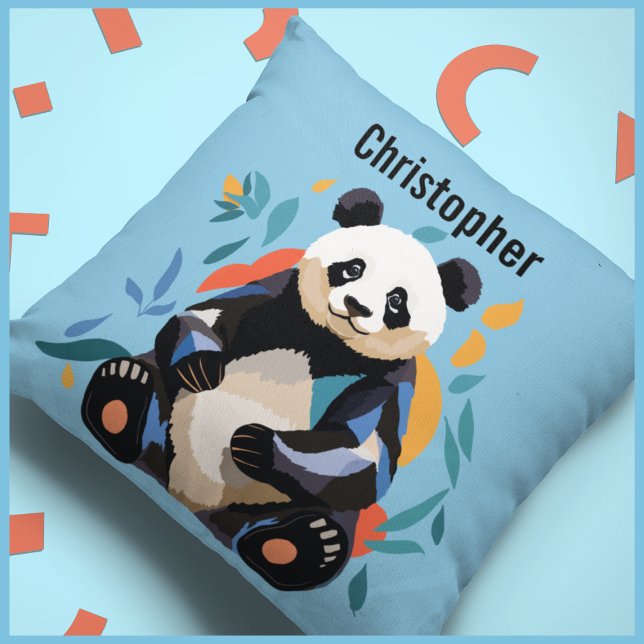 Colourful Sitting Panda Bear Personalised Name Blu Cushion (Creator Uploaded)