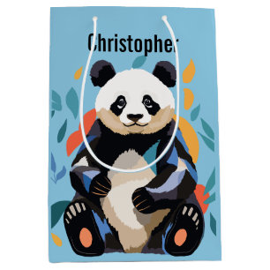 Colourful Sitting Panda Bear Personalised Name Blu Medium Gift Bag