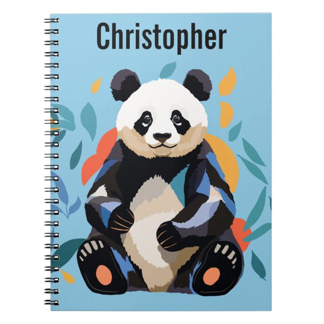 Colourful Sitting Panda Bear Personalised Name Blu Notebook (Front)