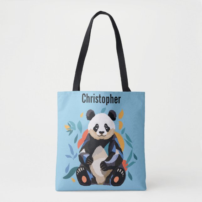 Colourful Sitting Panda Bear Personalised Name Blu Tote Bag (Front)