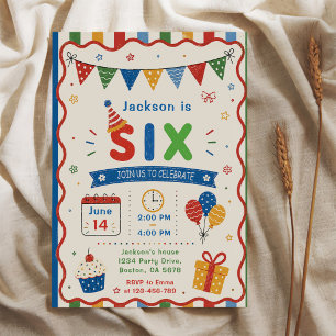 Colourful SIX 6th Birthday Party Invitation