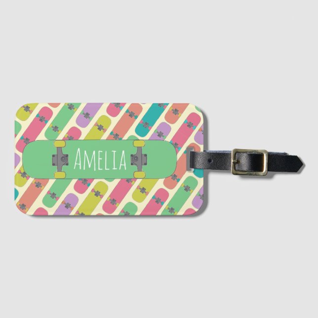 Colourful Skateboard Pattern Personalised Luggage Tag (Front Horizontal)