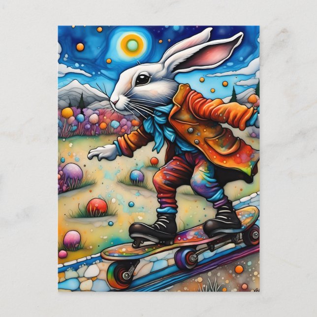 Colourful Skateboarding Rabbit Postcard (Front)