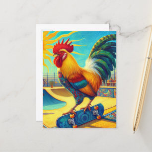 Colourful Skateboarding Rooster Postcard