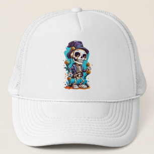 Colourful skeleton with halloween pumpkin trucker hat