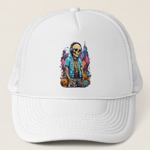 Colourful skeleton with halloween pumpkin trucker hat