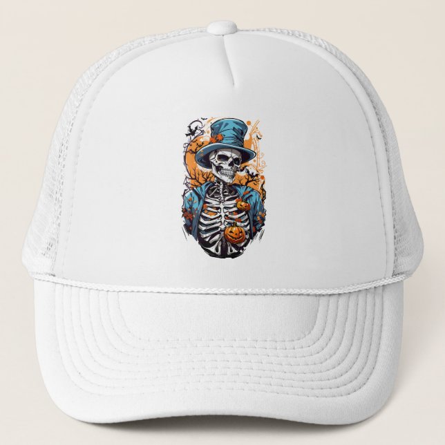 Colourful skeleton with halloween pumpkin trucker hat (Front)