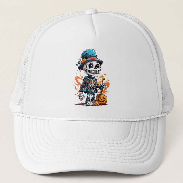 Colourful skeleton with halloween pumpkin trucker hat (Front)