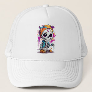Colourful skeleton with halloween pumpkin trucker hat