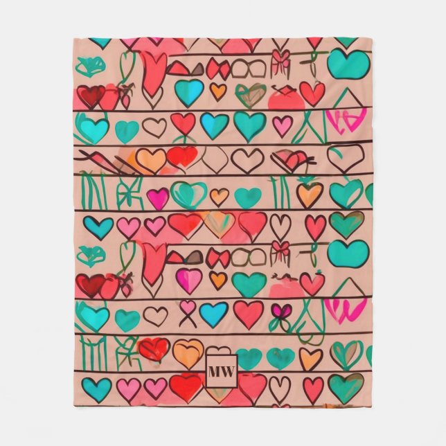 Colourful sketch-like hearts, and ribbons monogram fleece blanket (Front)