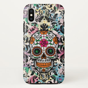Colourful Skull & Black Swirls iPhone X Case