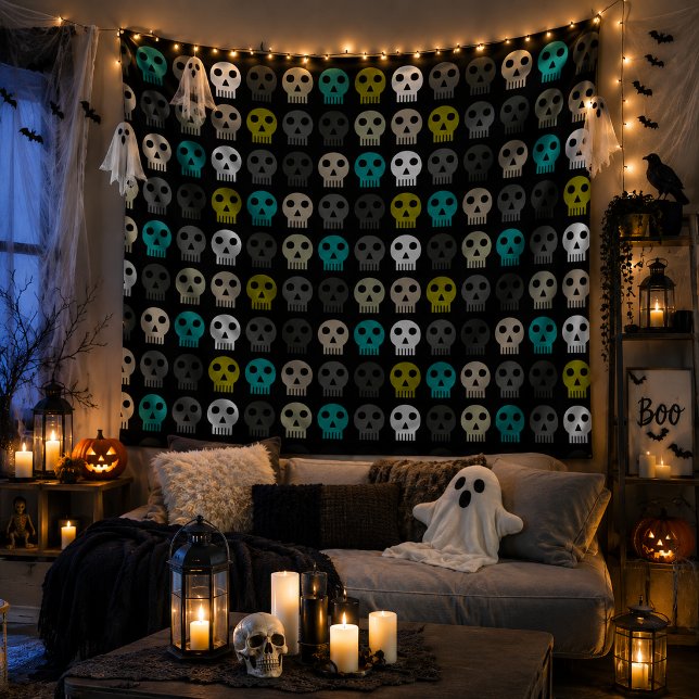 Colourful Skull Pattern Tapestry Halloween Gothic (Haunted Halloween living room)
