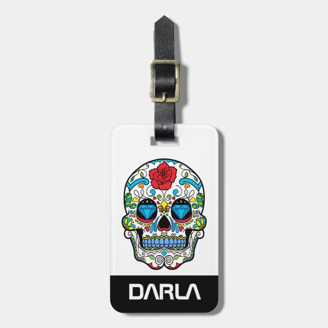 Colourful Skull Red Rose & Blue Diamonds Luggage Tag (Front Vertical)