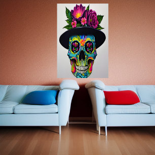 Colourful skull with a hat and flower AI Art Poster