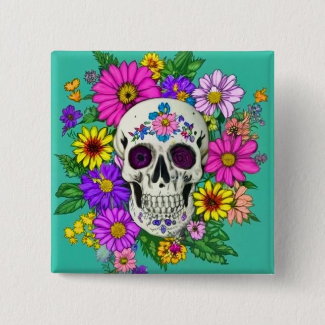 colourful skull with flowers  15 cm square badge (Front)