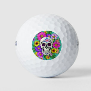 colourful skull with flowers golf balls