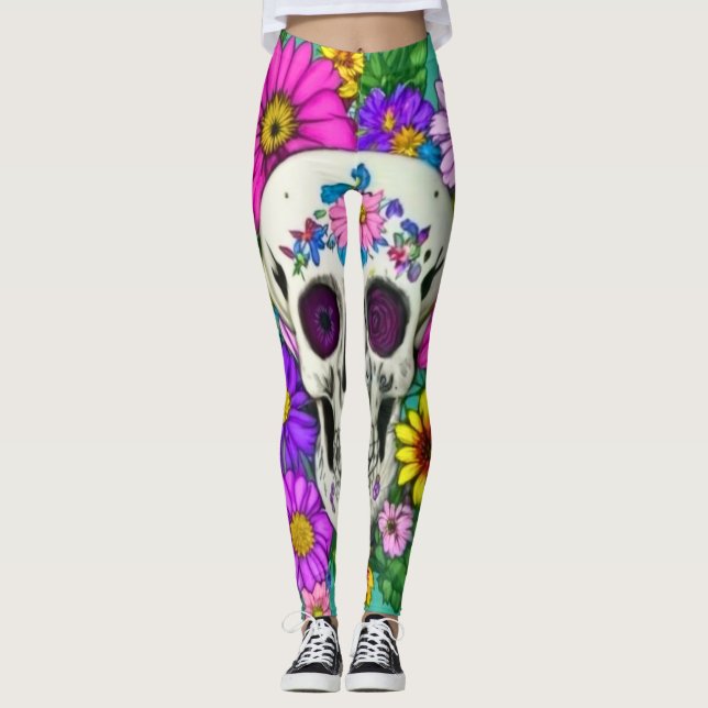 colourful skull with flowers  leggings (Front)