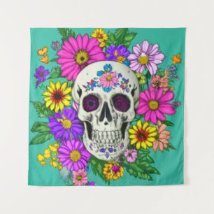 colourful skull with flowers tapestry