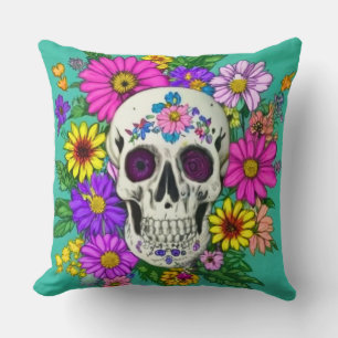 colourful skull with flowers Throw Pillow